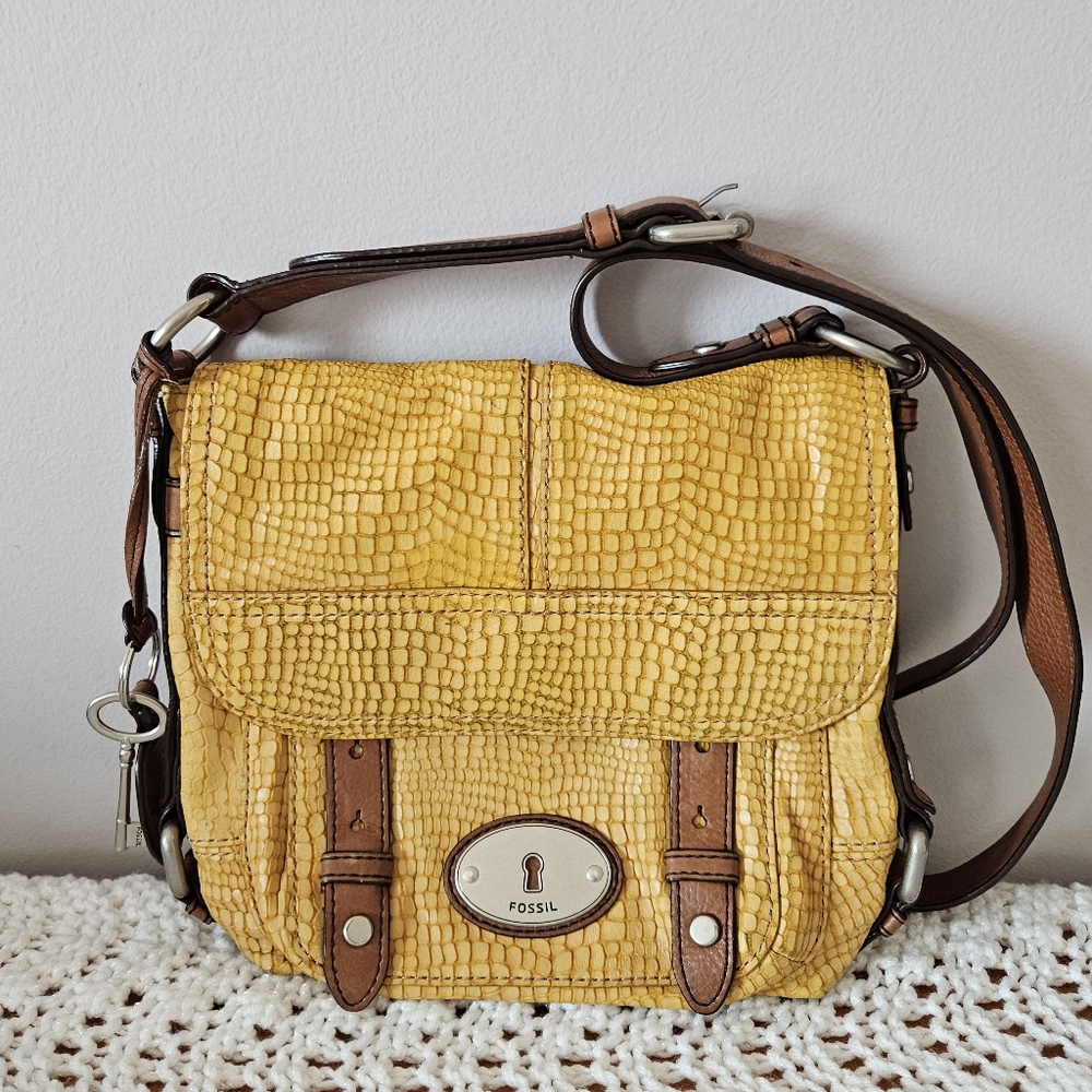 Fossil Maddox Yellow Leather Snakeskin Pattern Crossbody Satchel Purse